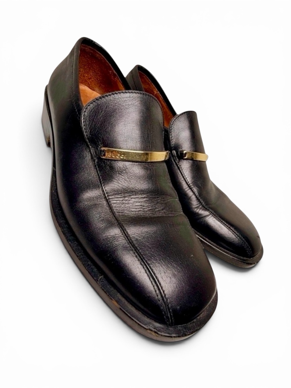 Gucci Vintage Black Leather Logo Bar Loafers Men’s 8D Authenticated‎